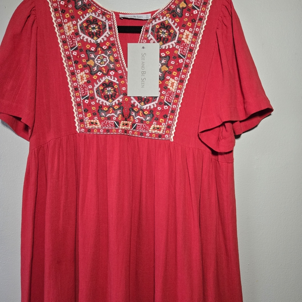 See and Be Seen Red Embroidered Linen Boho Midi Dress – Size Small, NWT - Picture 3 of 7